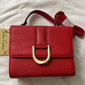 NWT- Vibrant Red Crossbody Bag with Structured Design & Gold Hardware